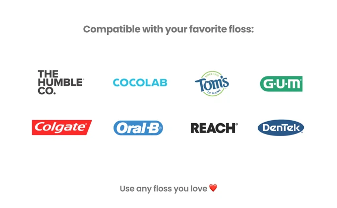 Campaign graphic showing several ordinary dental floss brands compatible with Flossr.