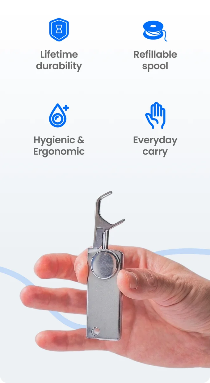 A hand holding the stainless-steel Flossr with its floss arm open.