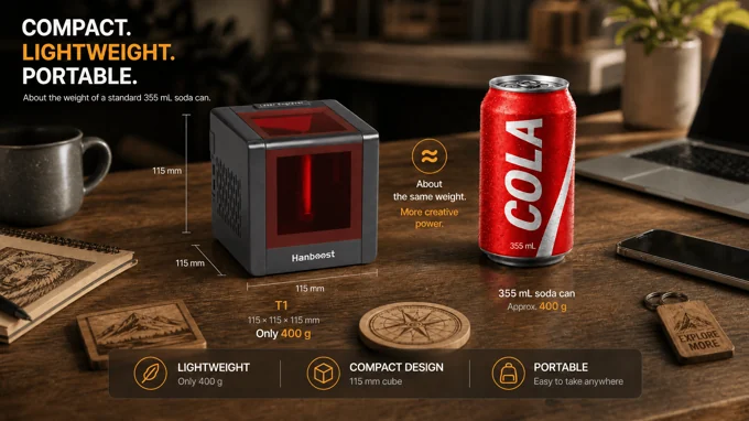 Hanboost T1 shown beside a soda can to emphasize its compact size