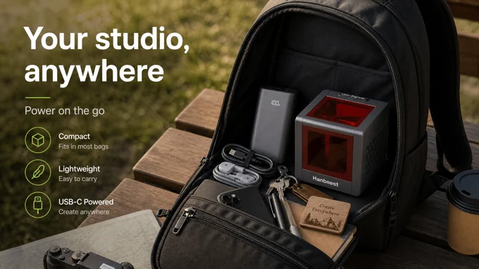 Hanboost T1 placed in a backpack with USB-C power accessories