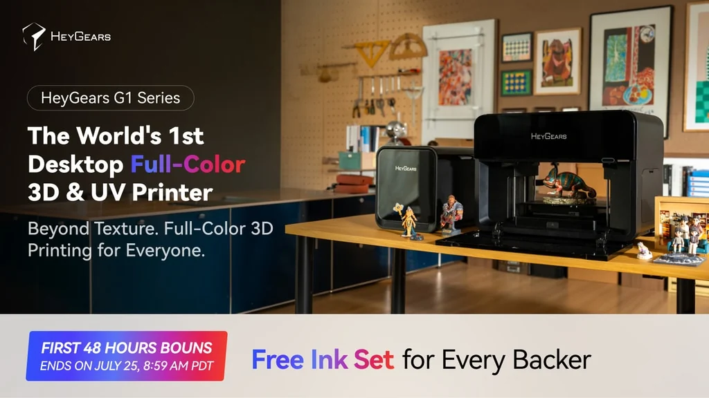 HeyGears G1 Series campaign hero showing the desktop full-color 3D and UV printer