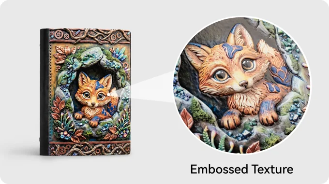 Embossed decorative panel with a cat design and a close-up of raised surface texture