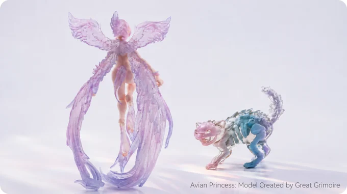 Translucent fantasy figure and colored animal model printed as display objects