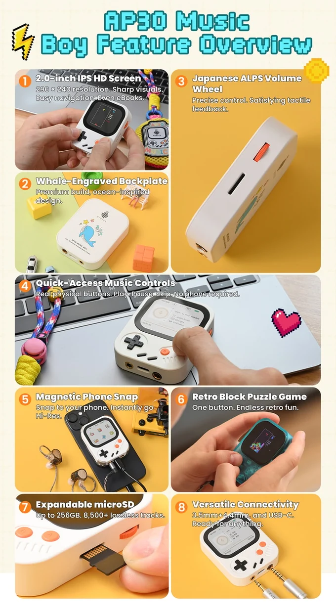 Feature collage showing AP30 Music Boy screen, backplate, volume wheel, controls, magnetic snap, game, microSD slot, and audio ports.