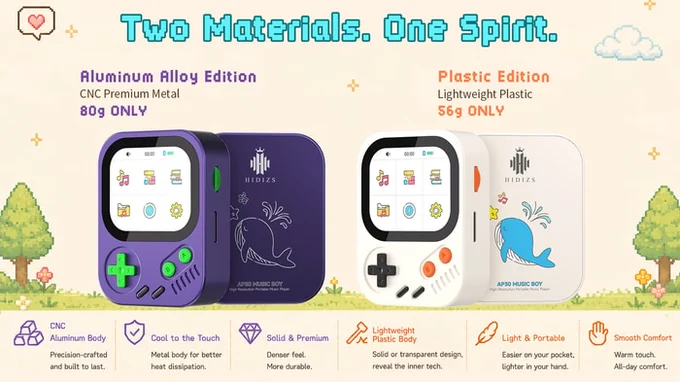 Plastic and aluminum versions of the Hidizs AP30 Music Boy shown side by side.
