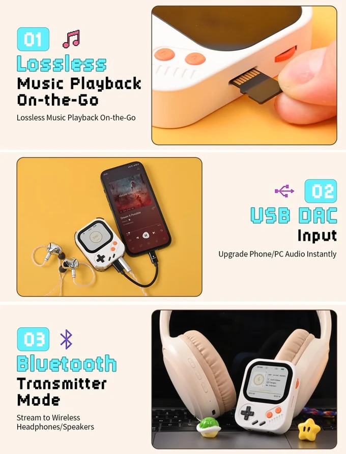 AP30 Music Boy shown with a microSD card, as a USB DAC connected to a phone, and beside wireless headphones.