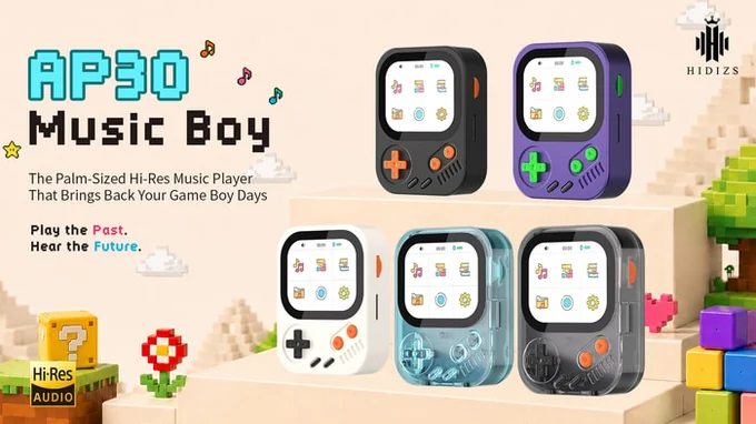 Hidizs AP30 Music Boy shown in multiple retro handheld-style color finishes.