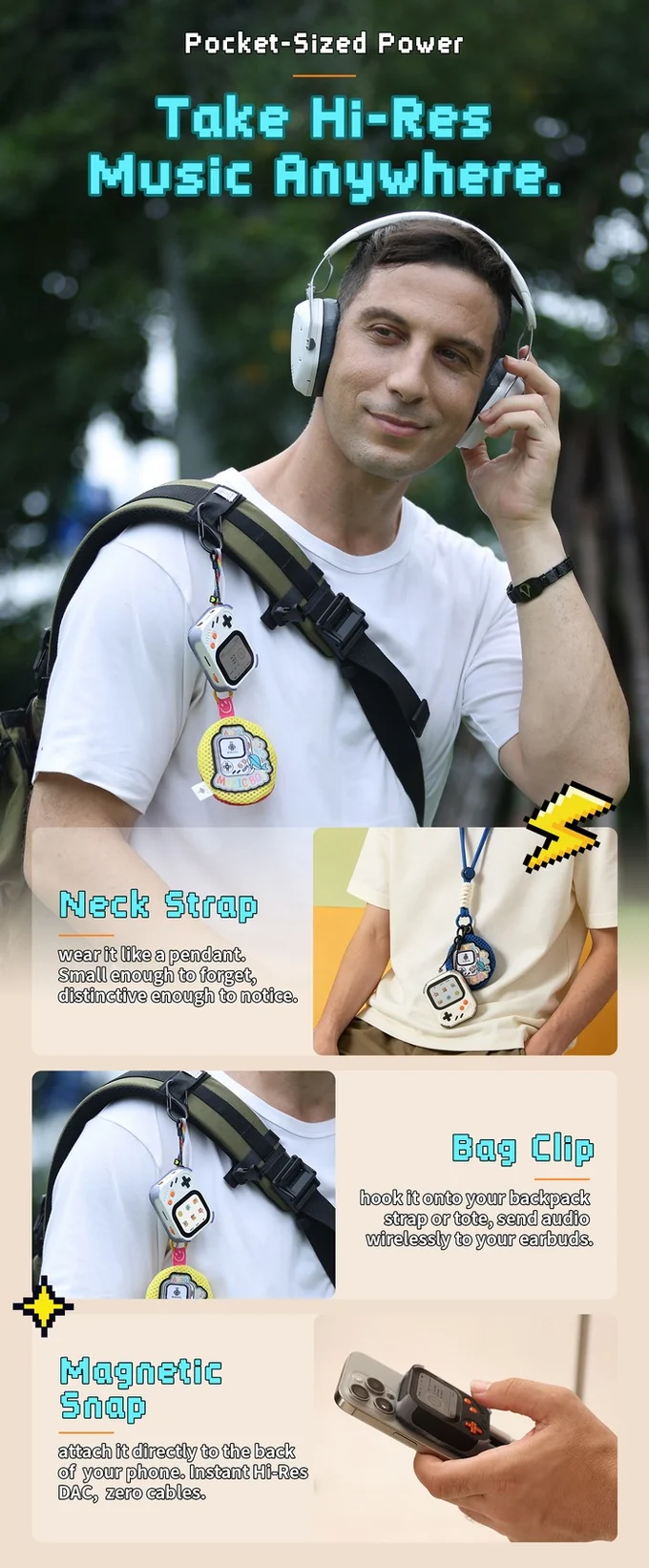 AP30 Music Boy shown on a neck strap, clipped to a bag strap, and attached magnetically to a phone.