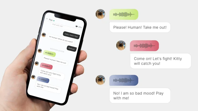 A phone mock-up showing PettiChat chat entries with coloured audio clips and short interpreted phrases.