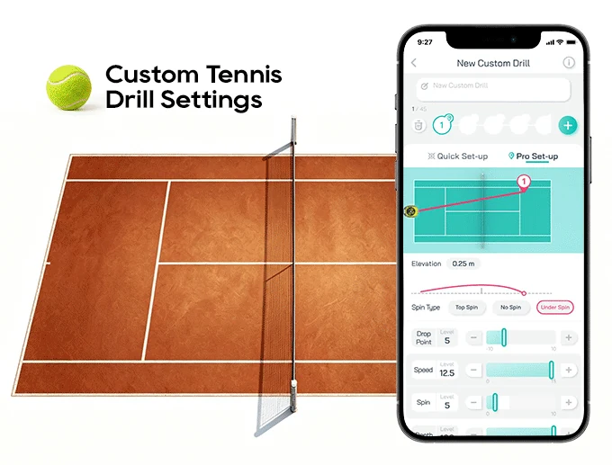 Pongbot Aura custom tennis drill screen with shot placement, elevation, spin, speed, and drop-point controls