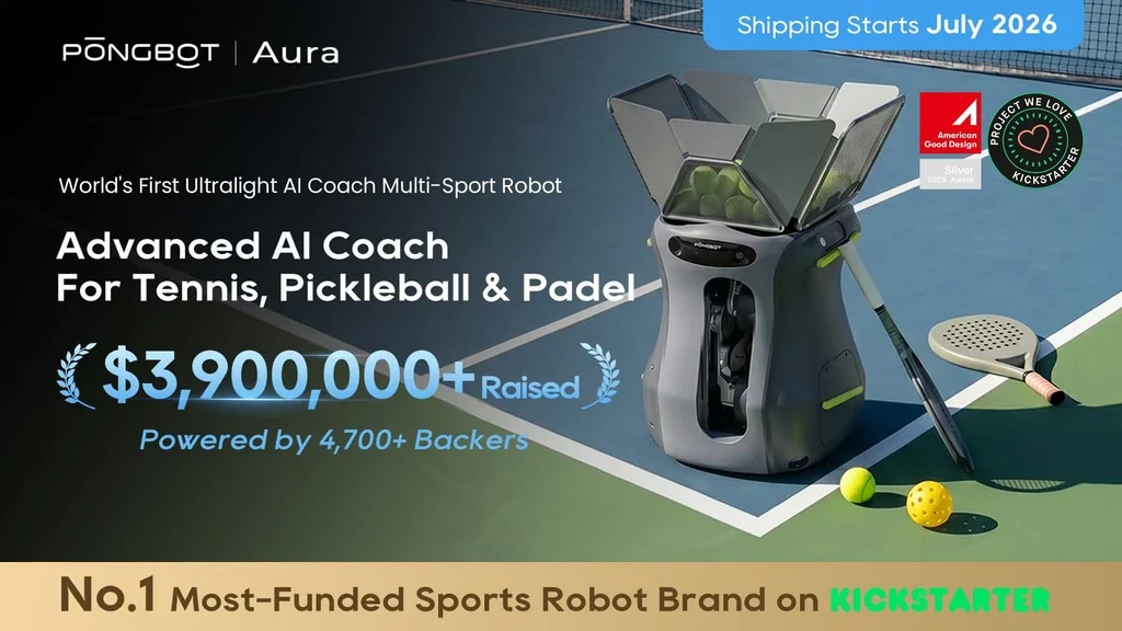 Pongbot Aura multi-sport ball machine on a court with tennis, pickleball, and padel equipment