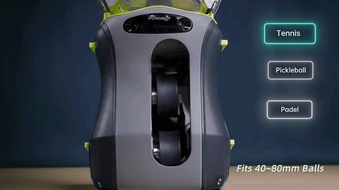 Front view of Pongbot Aura with tennis, pickleball, and padel modes and a 40 to 80 millimetre ball-size claim
