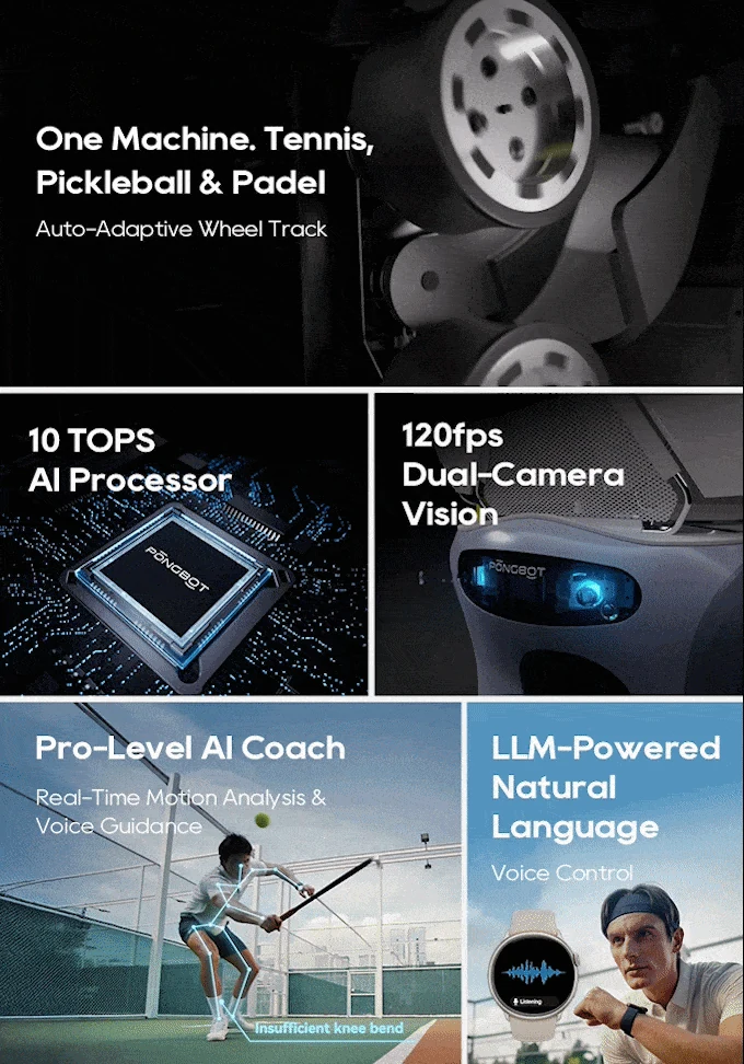 Pongbot Aura overview showing its adaptive wheel track, AI processor, dual cameras, and voice-control concept