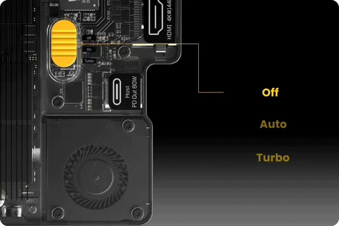 Close view of the Disk Pro 2 cooling fan and Off, Auto and Turbo control positions