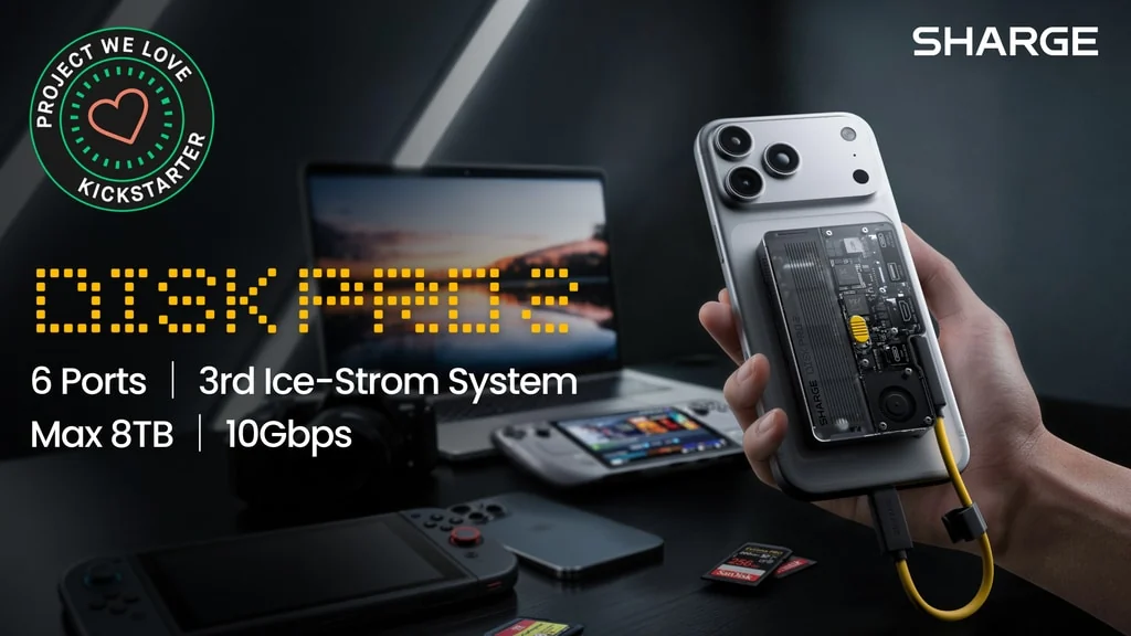 SHARGE Disk Pro 2 magnetically attached to a smartphone in a mobile device setup