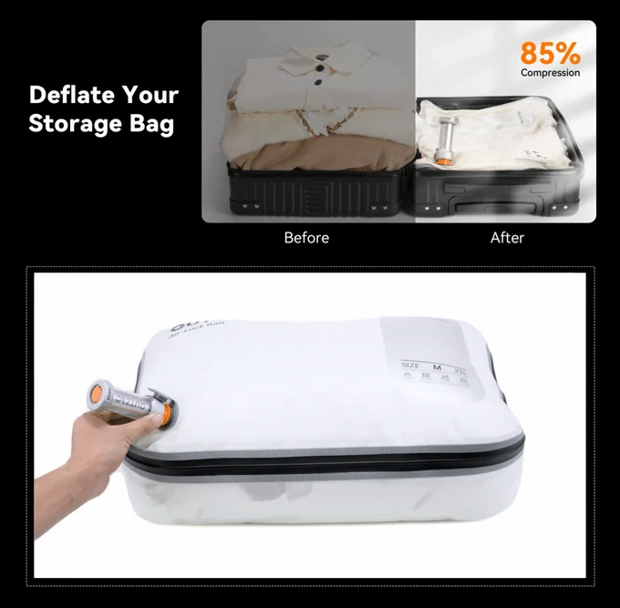 Beam Pump removing air from a clothing storage bag inside a suitcase