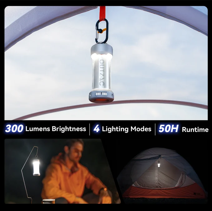 Beam Pump hanging from a tent loop and glowing as a campsite lantern