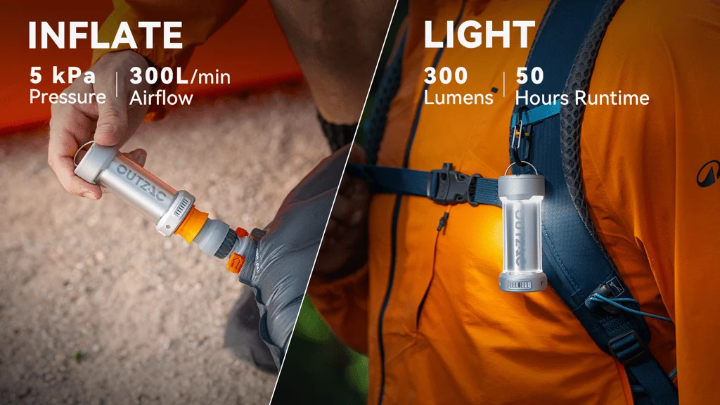 Beam Pump inflating a sleeping pad and hanging as a light from a backpack