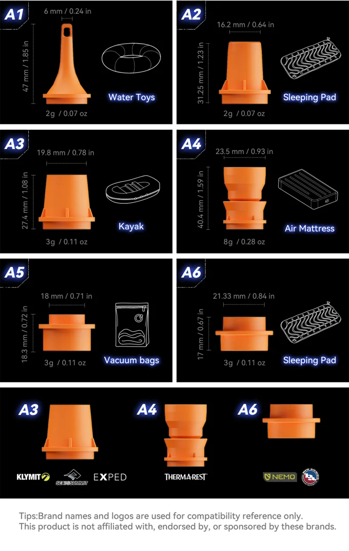 Six orange Beam Pump nozzles labelled for pads, mattresses, toys, kayaks, and vacuum bags