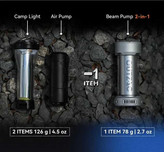 Separate camp light and air pump beside the smaller 78-gram Beam Pump