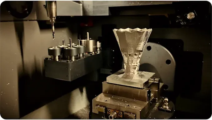 K1 machining chamber showing the automatic tool rack, probe, and rotary worktable