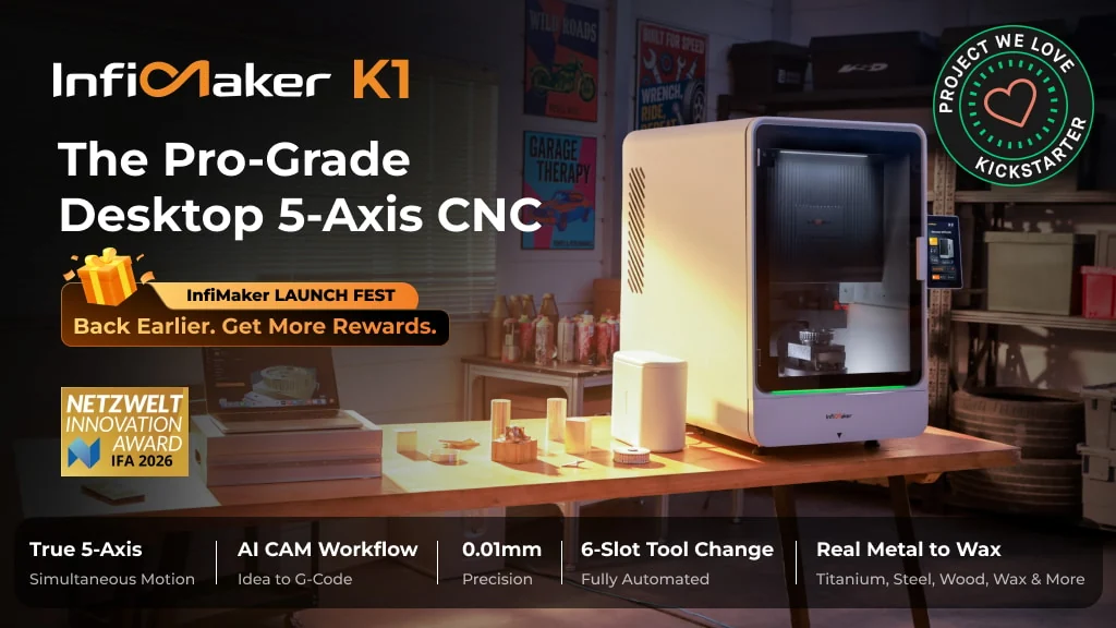 InfiMaker K1 desktop five-axis CNC campaign hero image