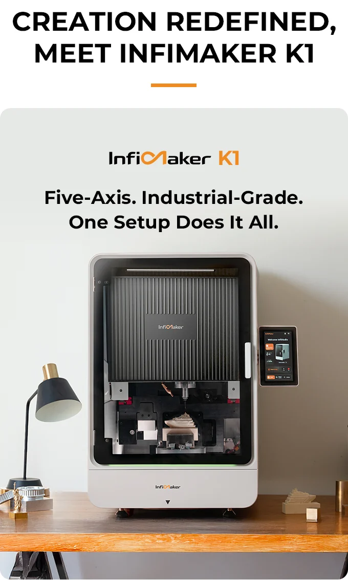 InfiMaker K1 enclosed five-axis CNC machine on a workshop bench