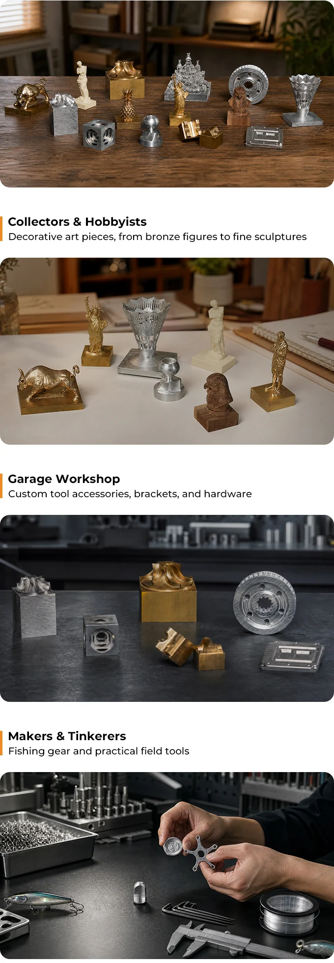 Examples of decorative, mechanical, and workshop parts presented for the K1