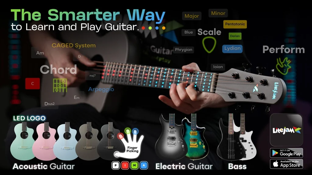 LiteJam Neo A1 acoustic-electric guitar with RGB fretboard learning modes