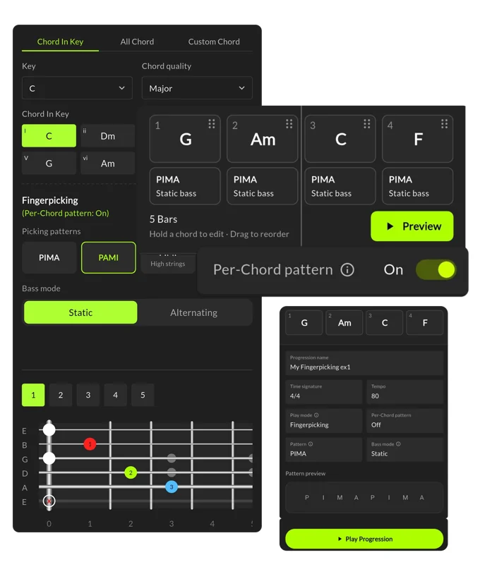 LiteJam progression builder showing chords, per-chord fingerpicking patterns, tempo, and bass mode