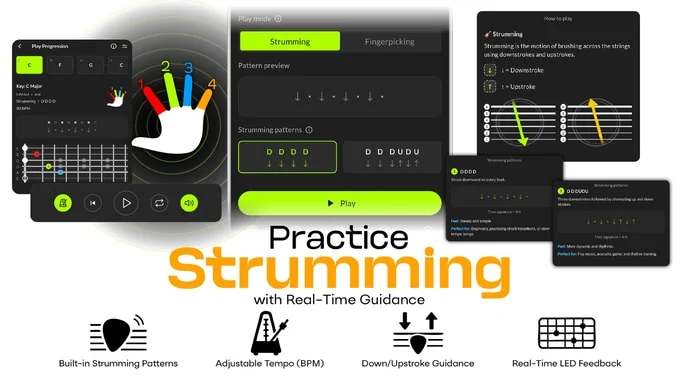 LiteJam app screens showing strumming patterns, tempo controls, and down-up guidance
