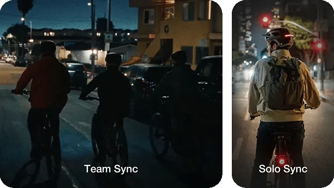Night cyclists using synchronized helmet lights beside a solo illuminated rider