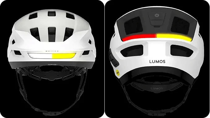 Front and rear views of a white Sonorus helmet showing amber turn indicators