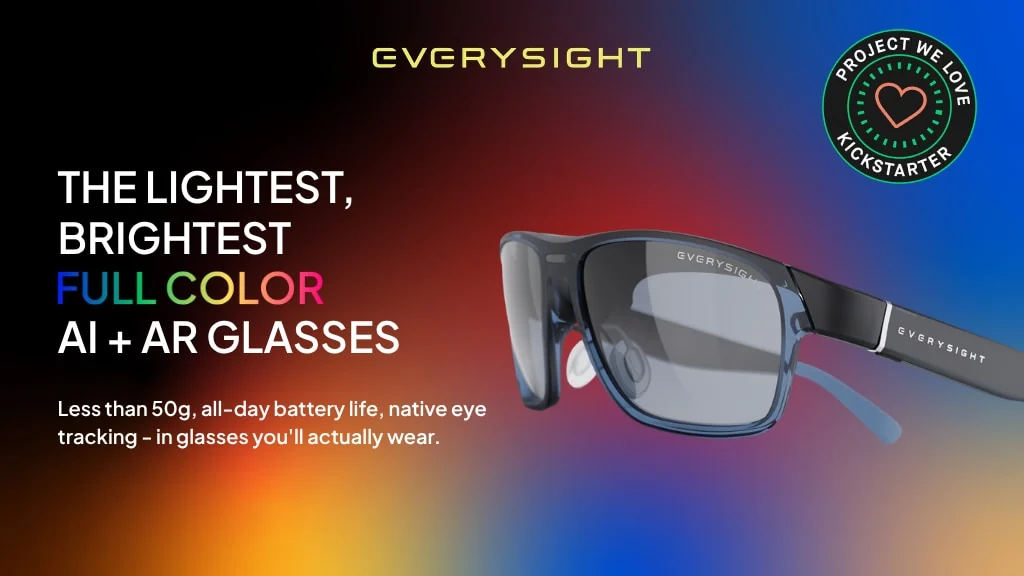 Everysight Maverick AI glasses on a colorful campaign background