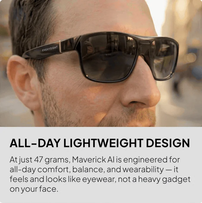 Person wearing black Everysight Maverick AI sunglasses in profile