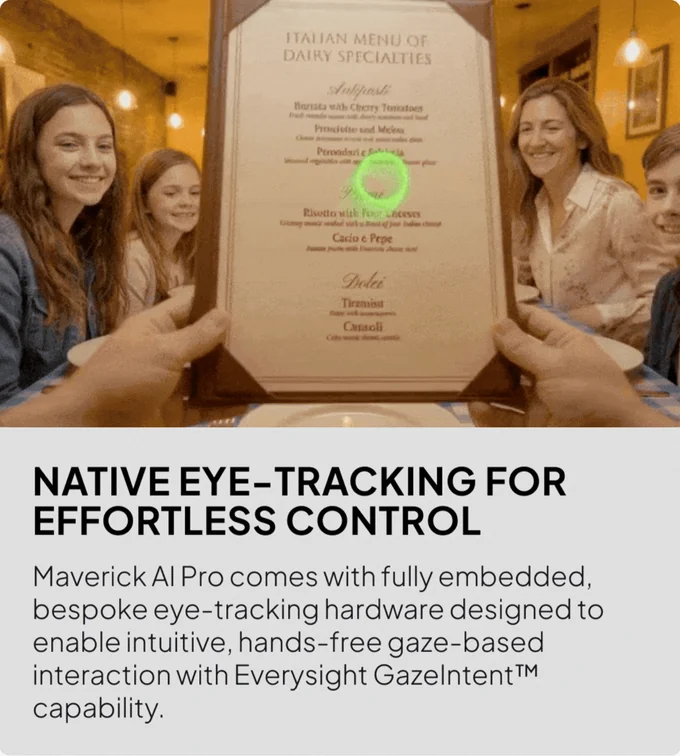 Restaurant menu seen through a gaze interface with a green selection target