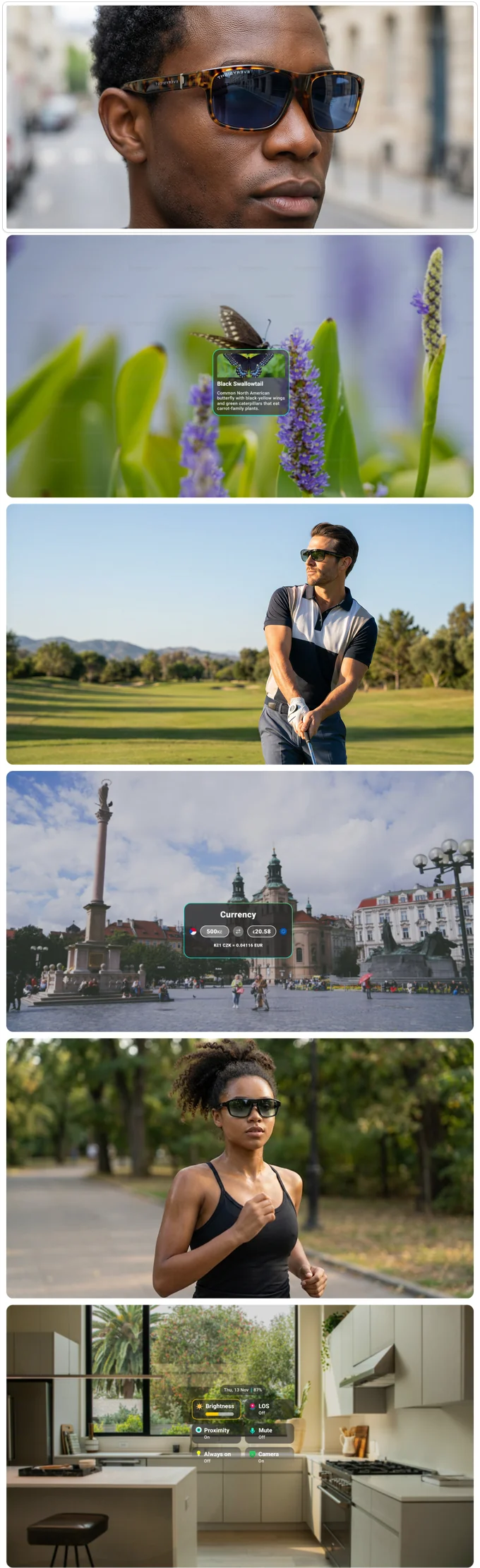 Campaign montage showing Maverick glasses used for city information, golf, currency, running and settings