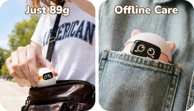 Sweekar being placed in a shoulder bag and carried in a jeans pocket